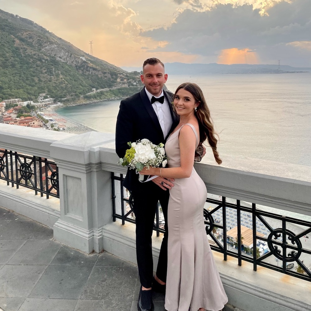David’s Bridal Bridal V-Neck Satin Belt Gown